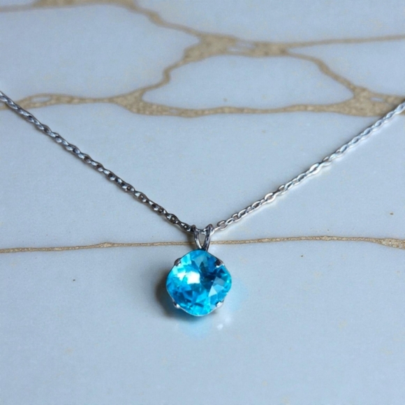 Hand Crafted Jewelry - Silver Chain Necklace, Blue Crystal Pendant, Hand Crafted